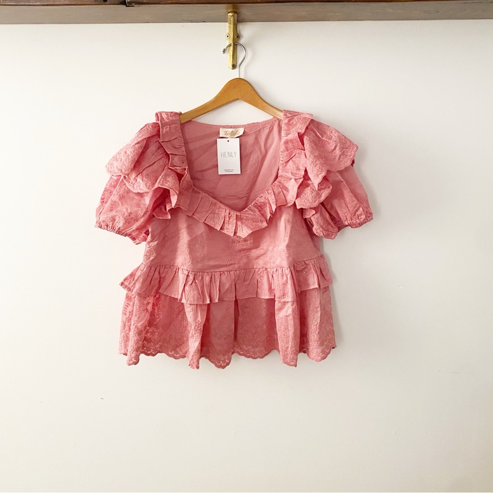 Pink Ruffle Lace Peplum Blouse